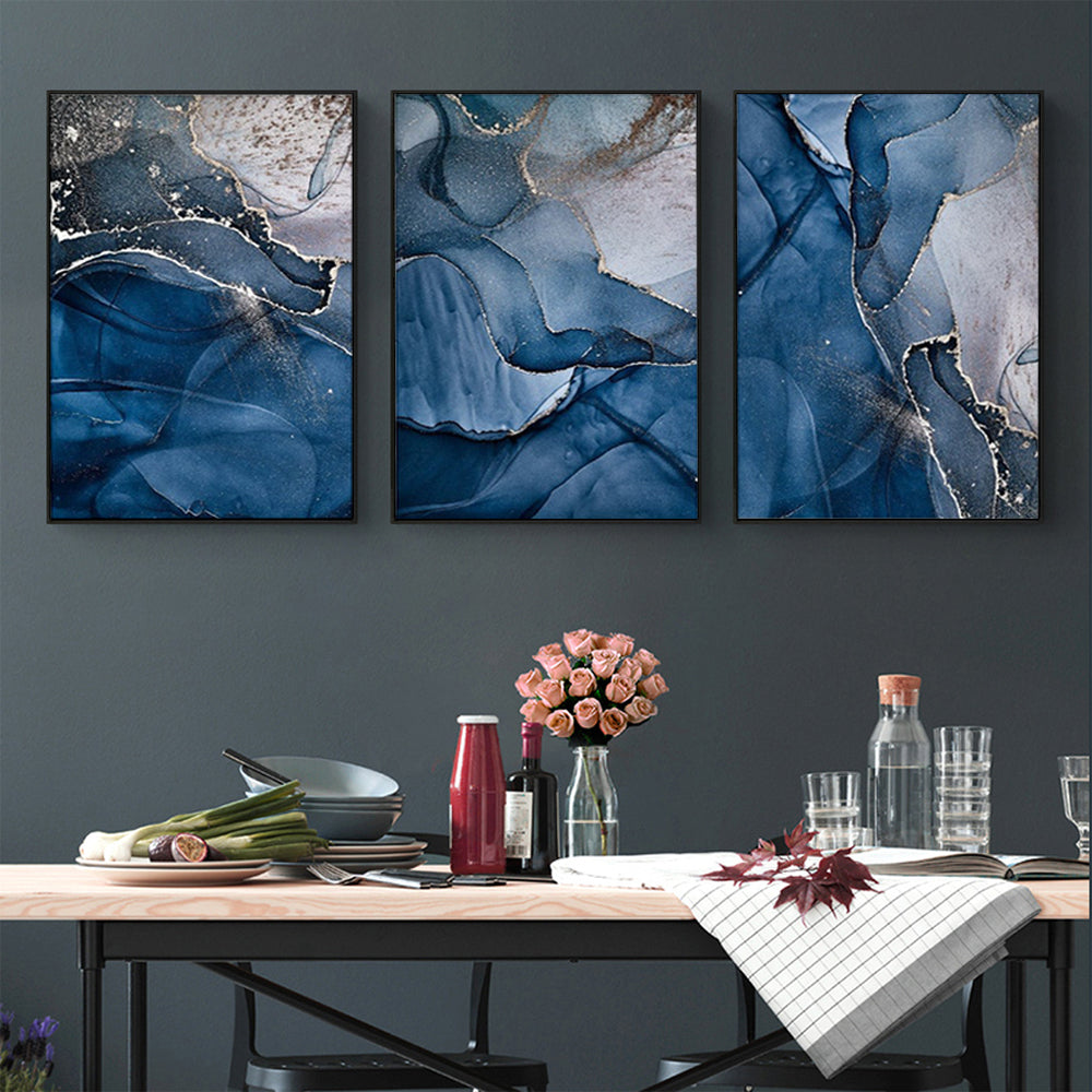 Blue Gold Marble 3 Sets Black Frame Canvas - 70cmx100cm - STripleB