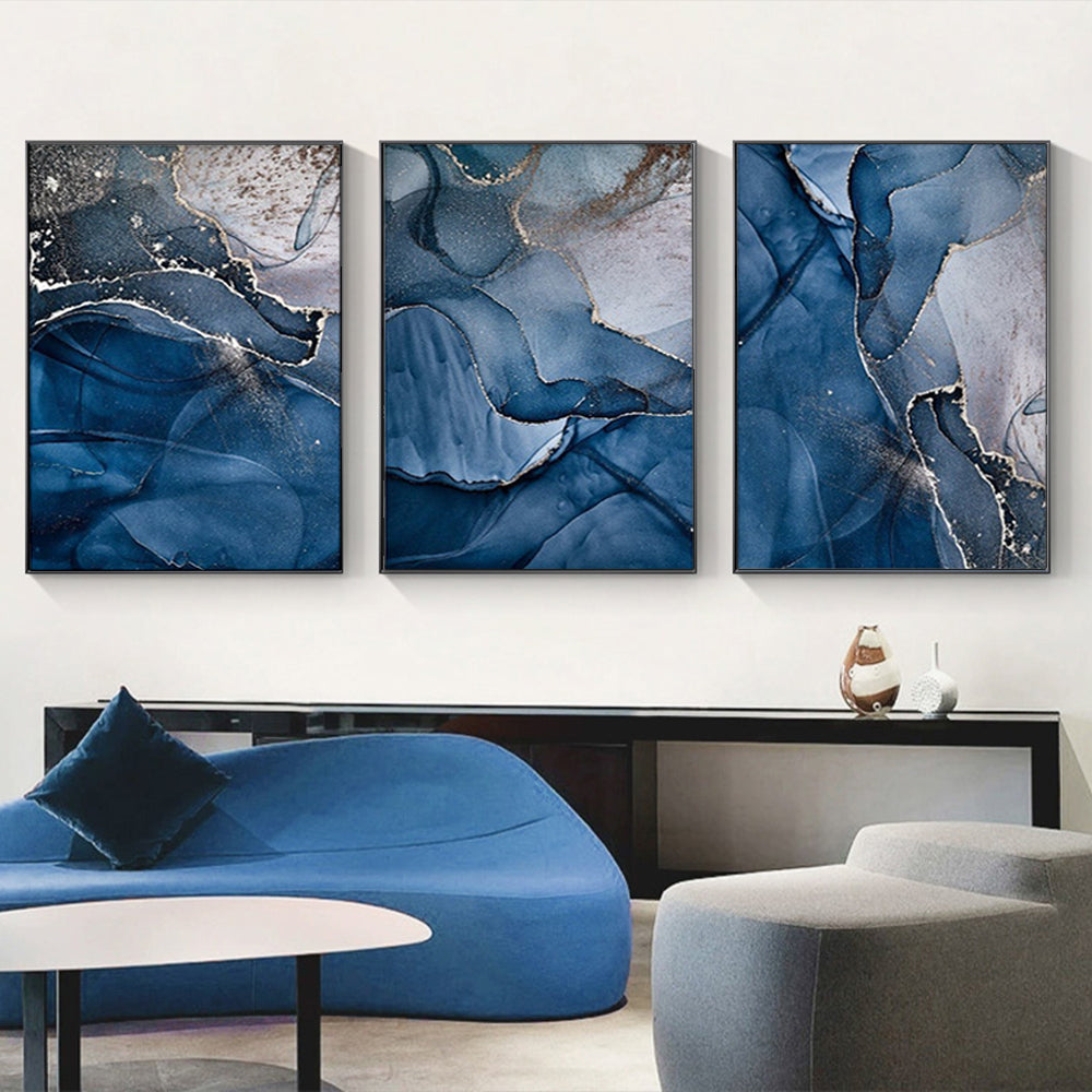 Blue Gold Marble 3 Sets Black Frame Canvas - 70cmx100cm - STripleB