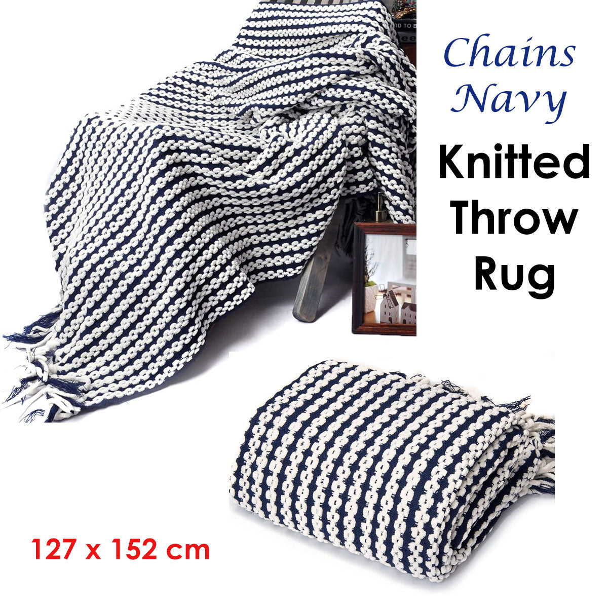 Chains Knitted Throw Rug - Navy and Cream - STripleB