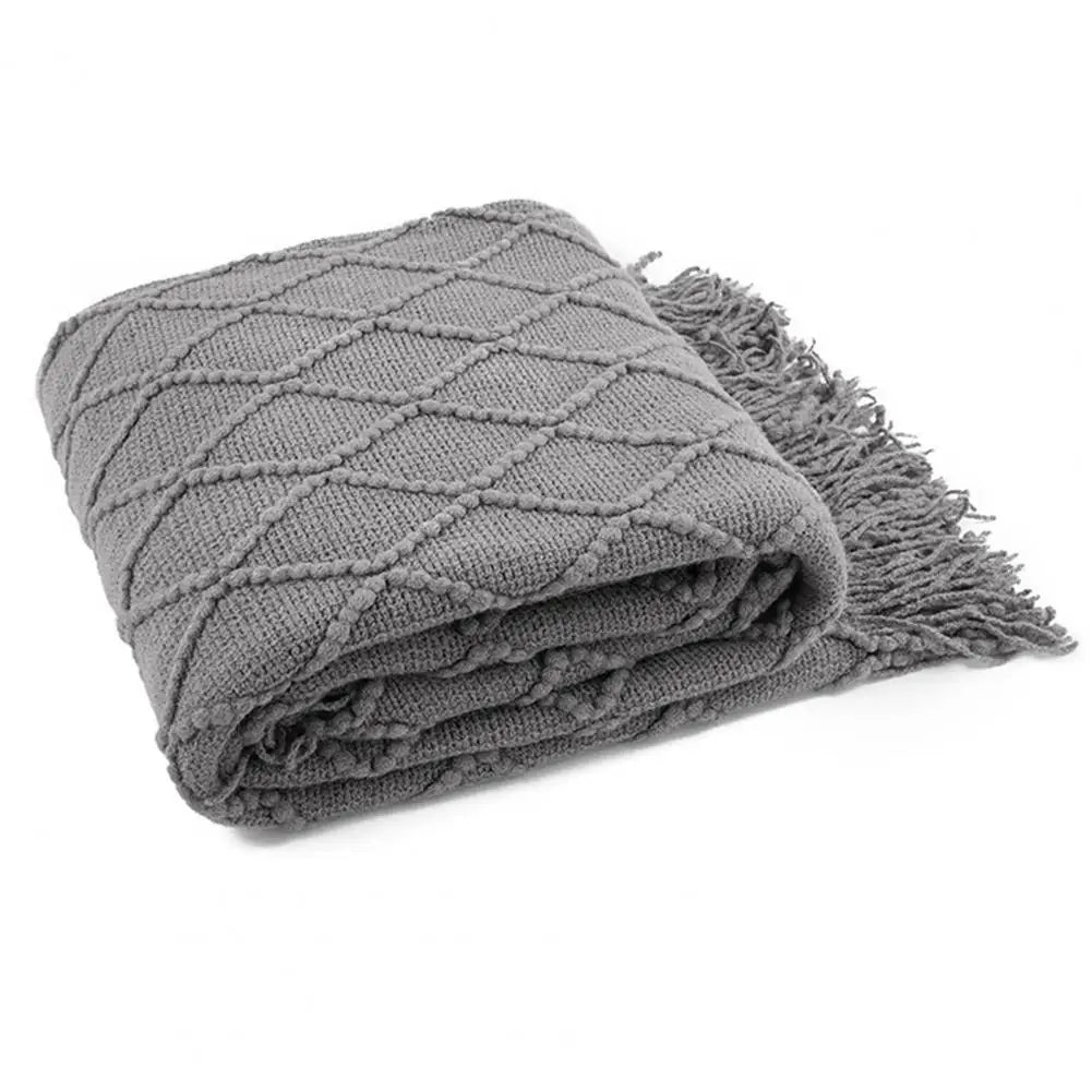 Cozy Acrylic Knitted Throw Blanket with Tassels - Grey - STripleB