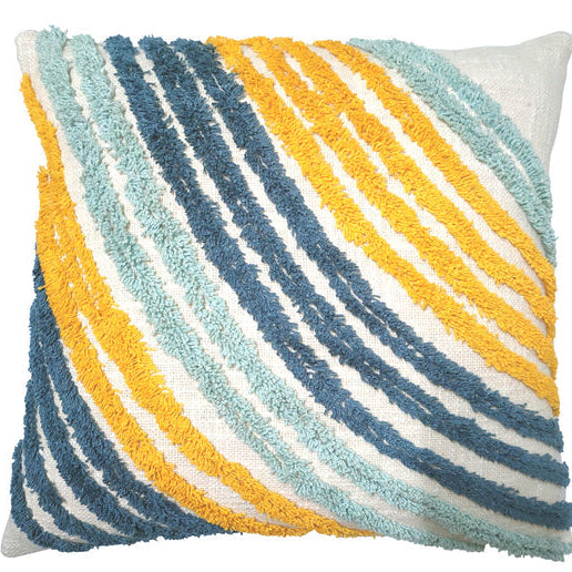 Cream cushion with blue/yellow tufted stripes - 45x45cm - STripleB