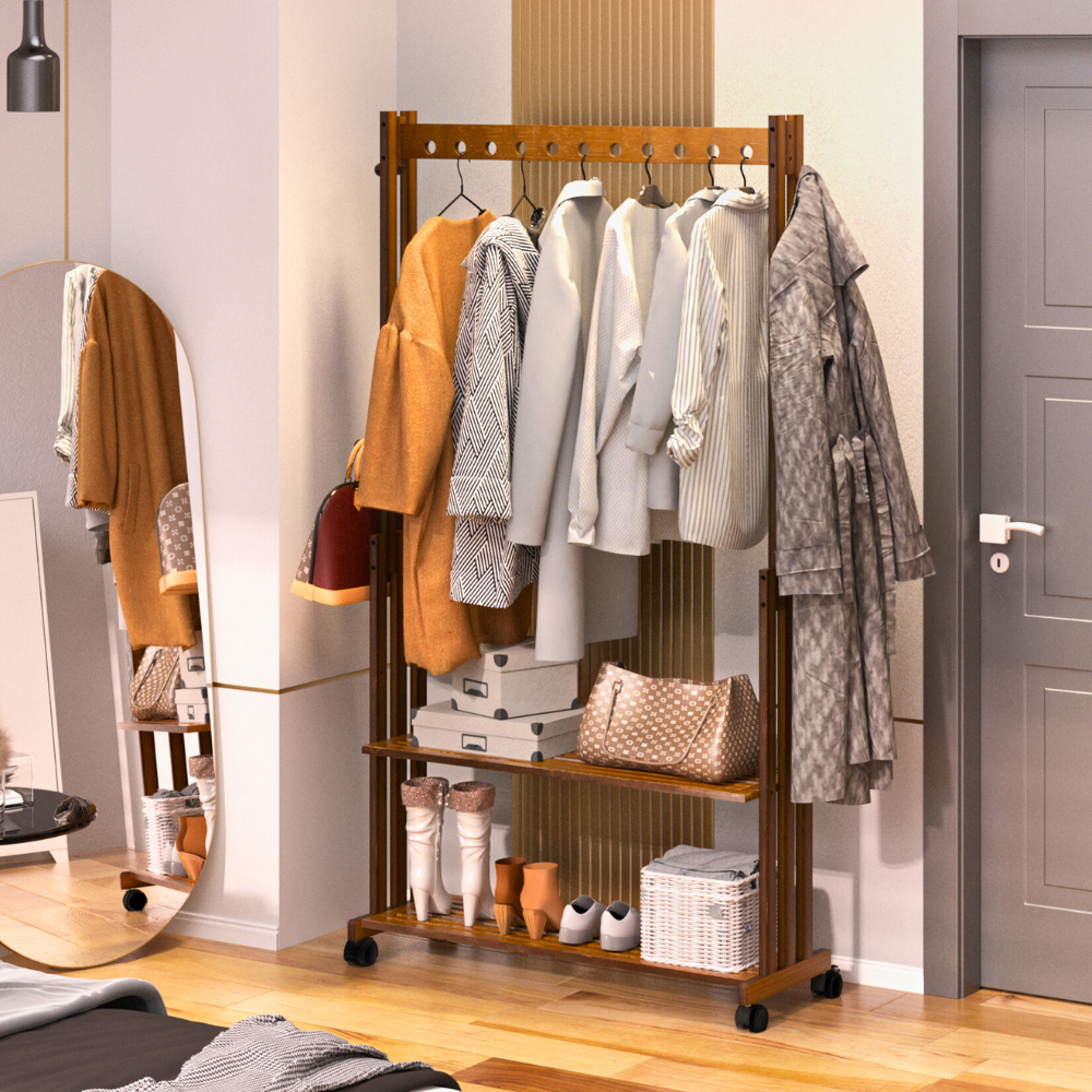 Entryway Hallway Clothes Rail Rack 2 Layer Shoe Shelves With Wheels - STripleB
