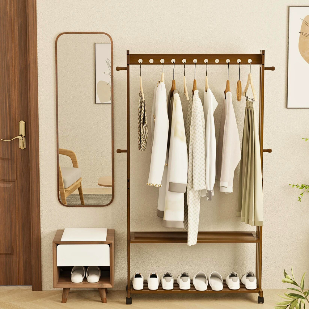 Entryway Hallway Clothes Rail Rack 2 Layer Shoe Shelves With Wheels - STripleB
