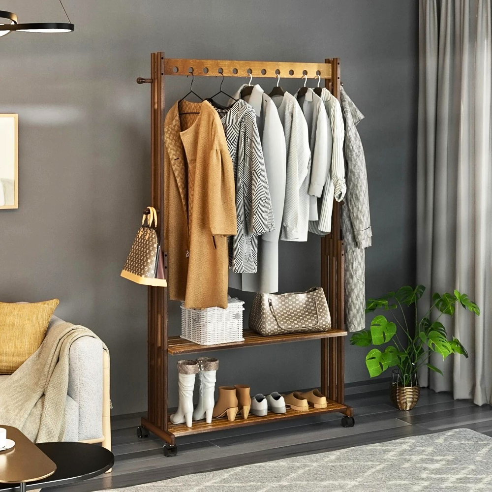 Entryway Hallway Clothes Rail Rack 2 Layer Shoe Shelves With Wheels - STripleB