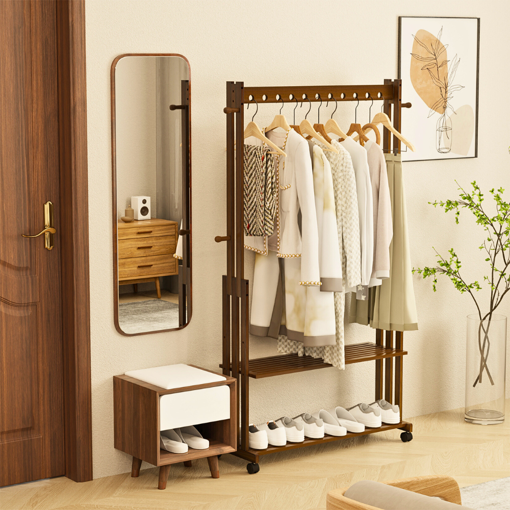 Entryway Hallway Clothes Rail Rack 2 Layer Shoe Shelves With Wheels - STripleB