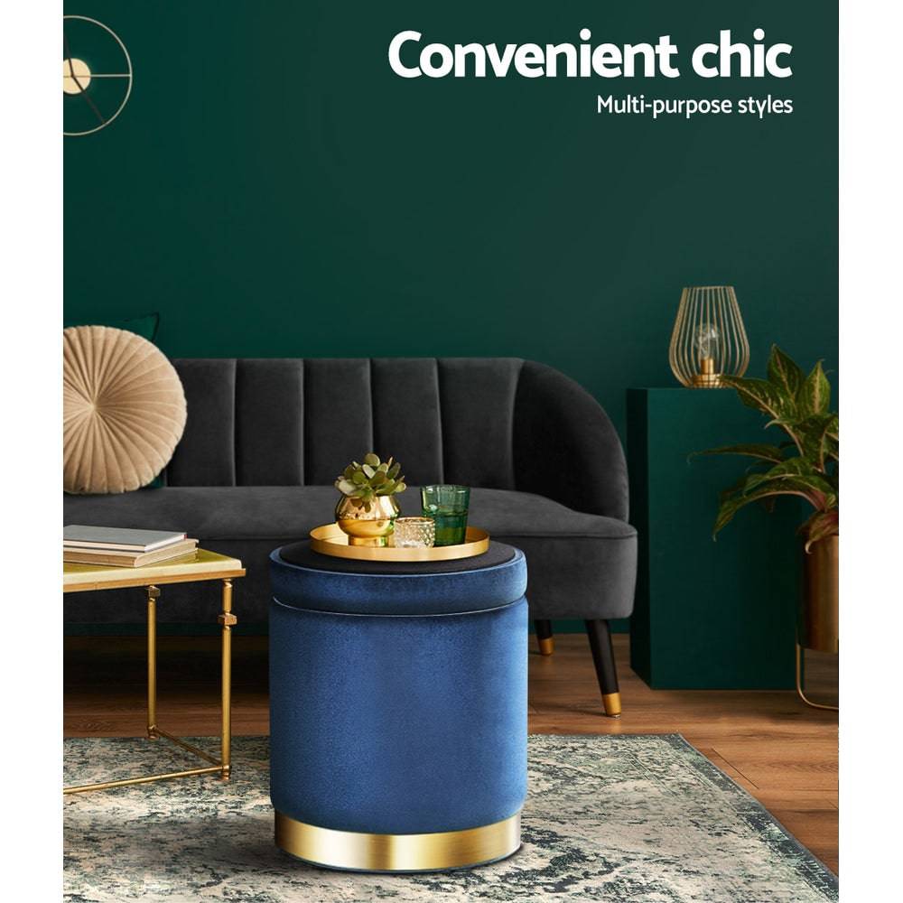 Artiss Ottoman Storage Foot Stool Round Velvet Navy - STripleB