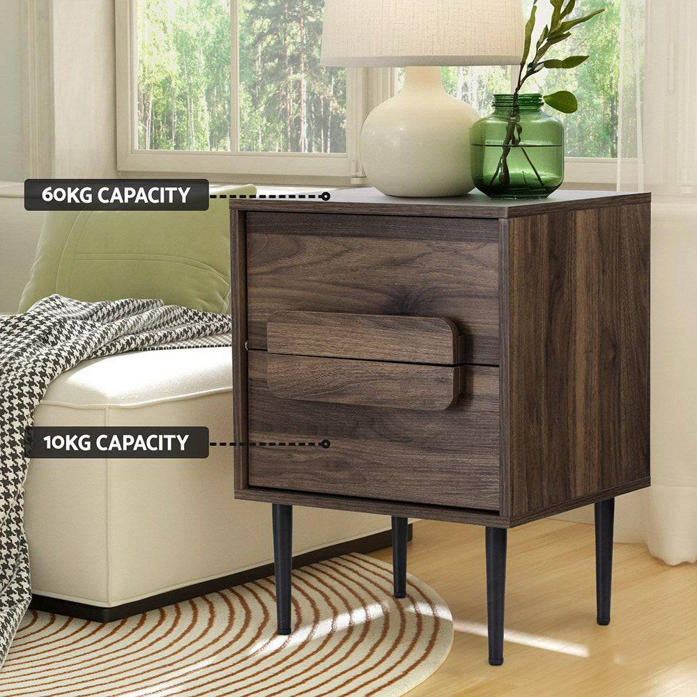 Artiss Bedside Table Nightstand 2 Drawers - Walnut - STripleB
