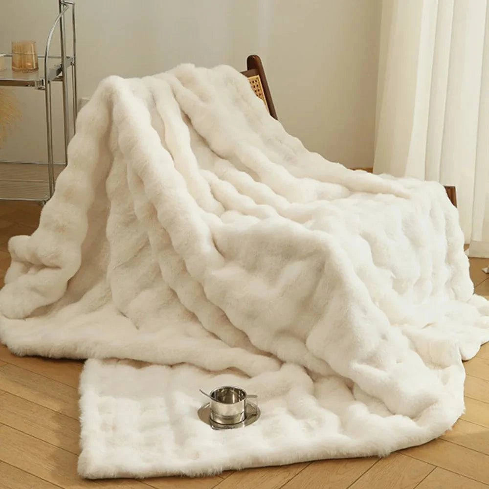 Faux Rabbit Fur Blanket - Soft, Warm, Thick Throw for Sofa or Bed - STripleB