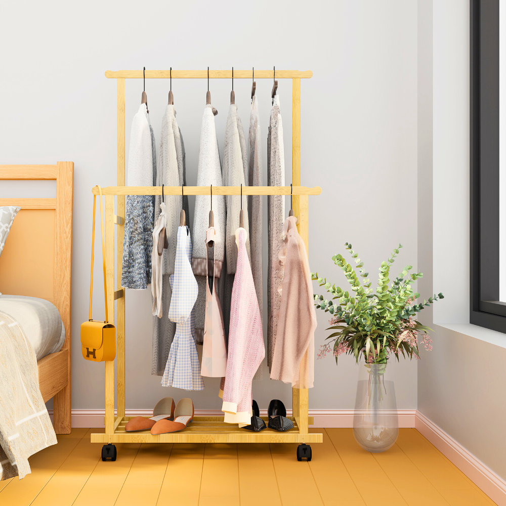 Free Standing Bamboo Double Hanging Clothes Organizer on Wheels - STripleB