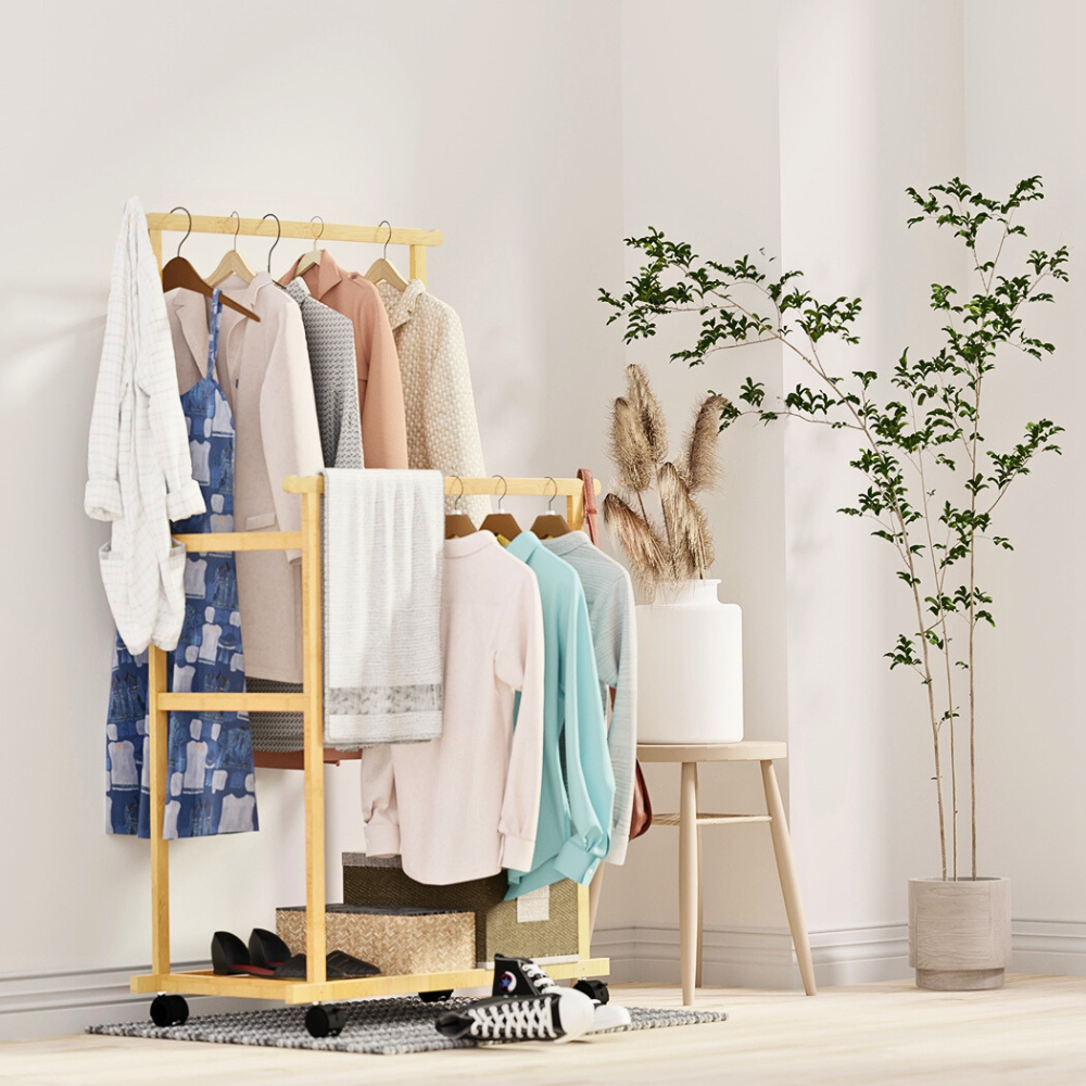 Free Standing Bamboo Double Hanging Clothes Organizer on Wheels - STripleB
