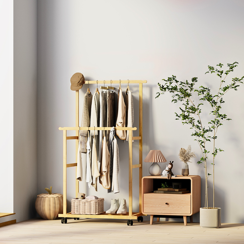 Free Standing Bamboo Double Hanging Clothes Organizer on Wheels - STripleB