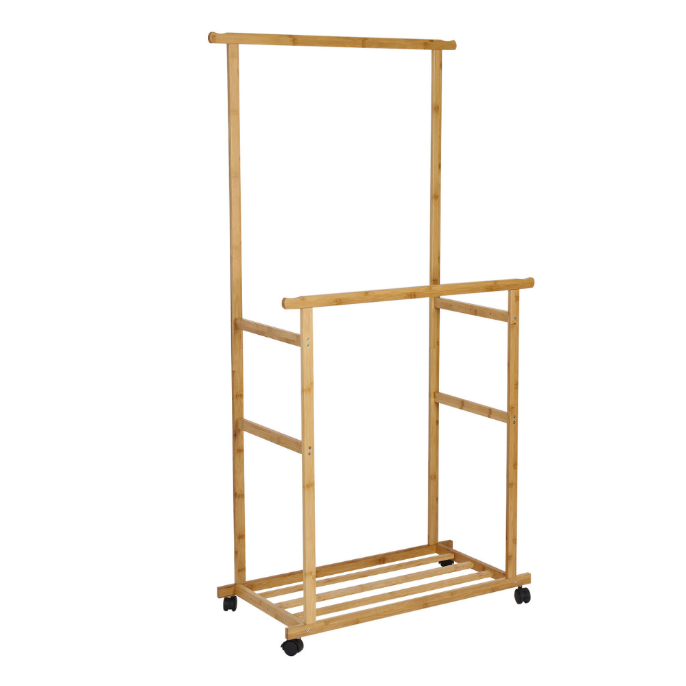 Free Standing Bamboo Double Hanging Clothes Organizer on Wheels - STripleB
