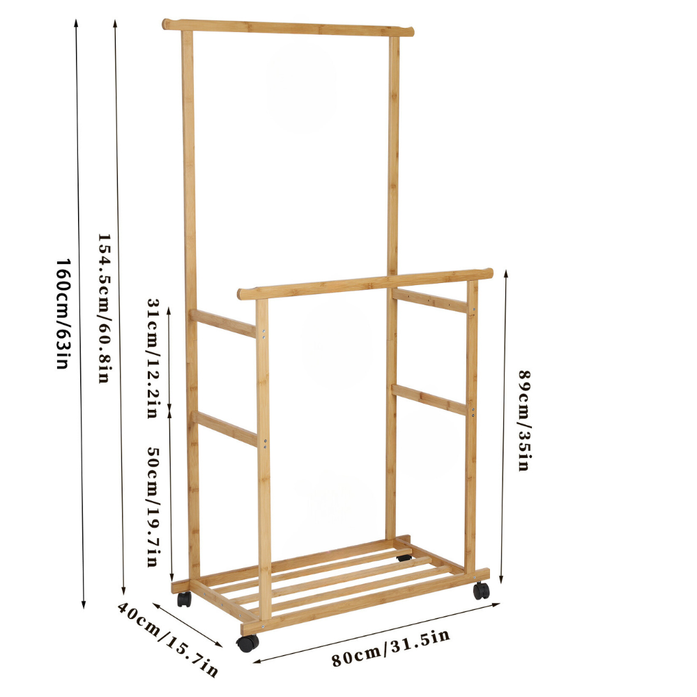 Free Standing Bamboo Double Hanging Clothes Organizer on Wheels - STripleB