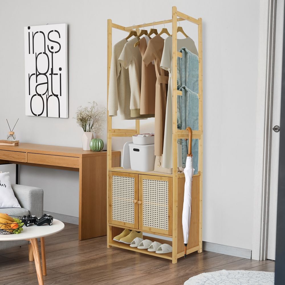 Freestanding Bamboo Clothes Rack with Shoe Cabinet - STripleB