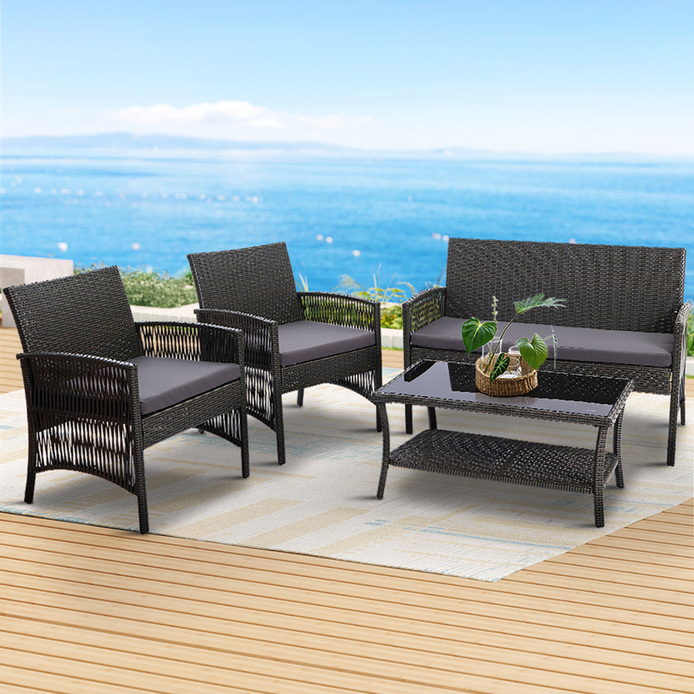 Gardeon 4PCS Outdoor Sofa Set Wicker Harp Chair Table Garden Furniture Grey - STripleB
