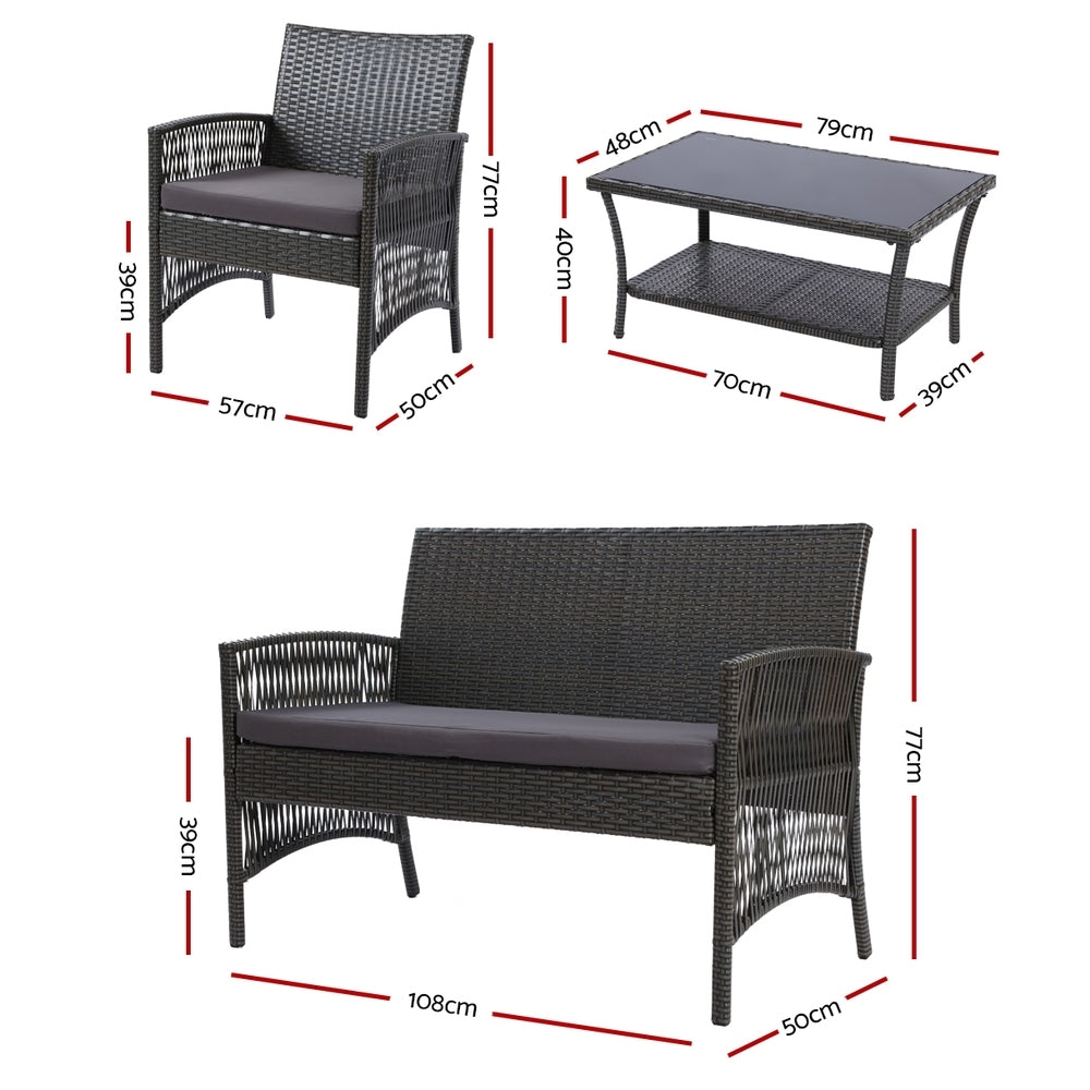 Gardeon 4PCS Outdoor Sofa Set Wicker Harp Chair Table Garden Furniture Grey - STripleB