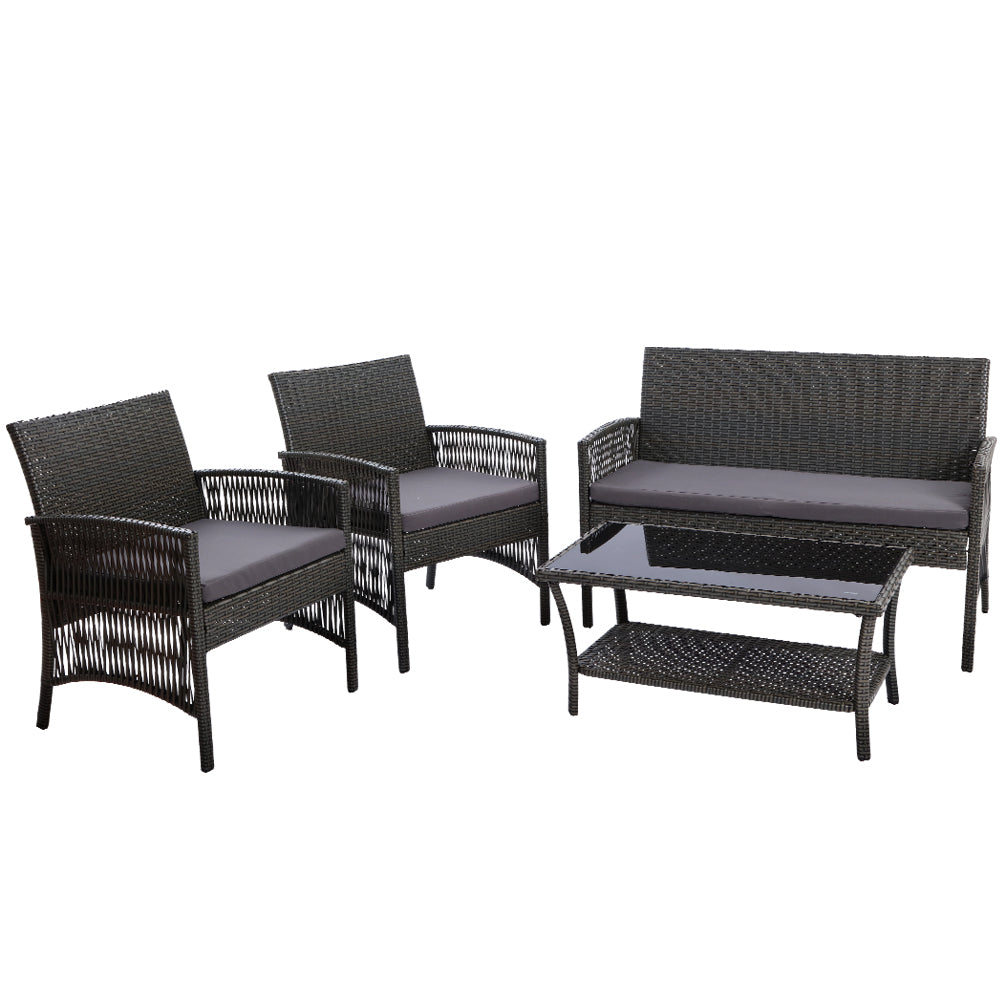 Gardeon 4PCS Outdoor Sofa Set Wicker Harp Chair Table Garden Furniture Grey - STripleB