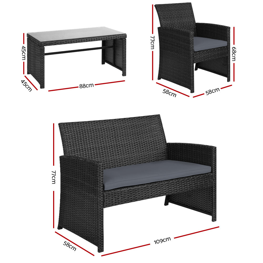Gardeon 4 PCS Outdoor Sofa Set Rattan Chair Table Setting Garden Furniture Black - STripleB