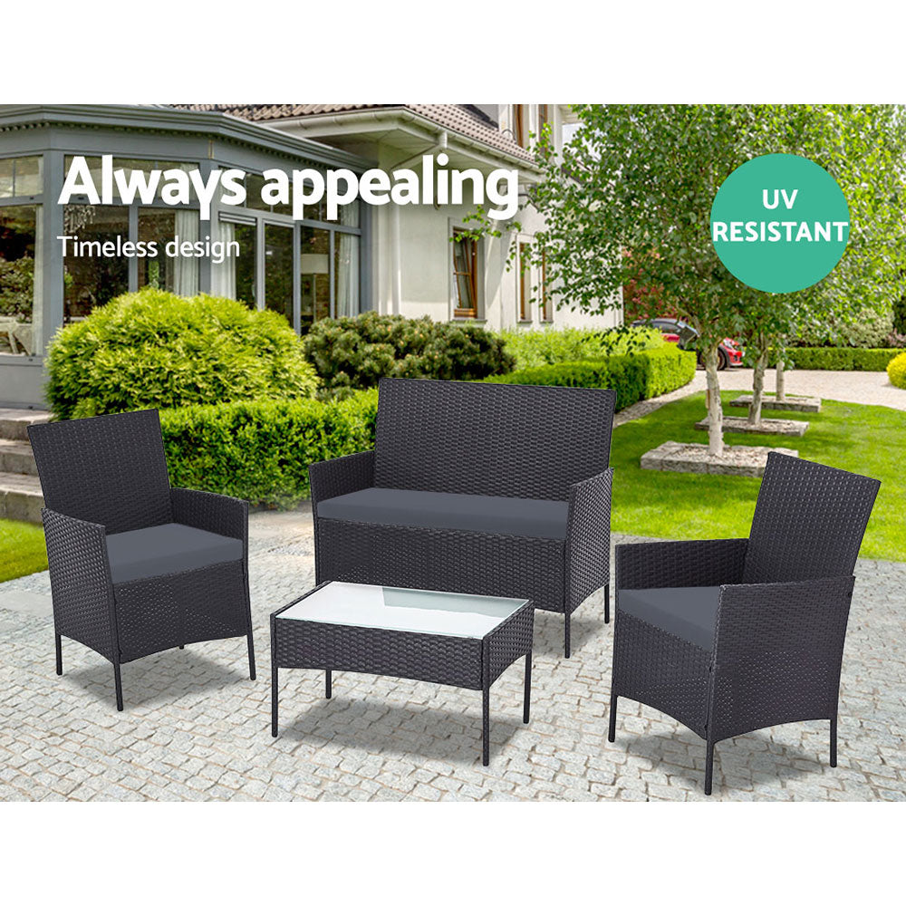Gardeon 4 PCS Outdoor Sofa Set Rattan Chair Table Setting Garden Furniture Black - STripleB