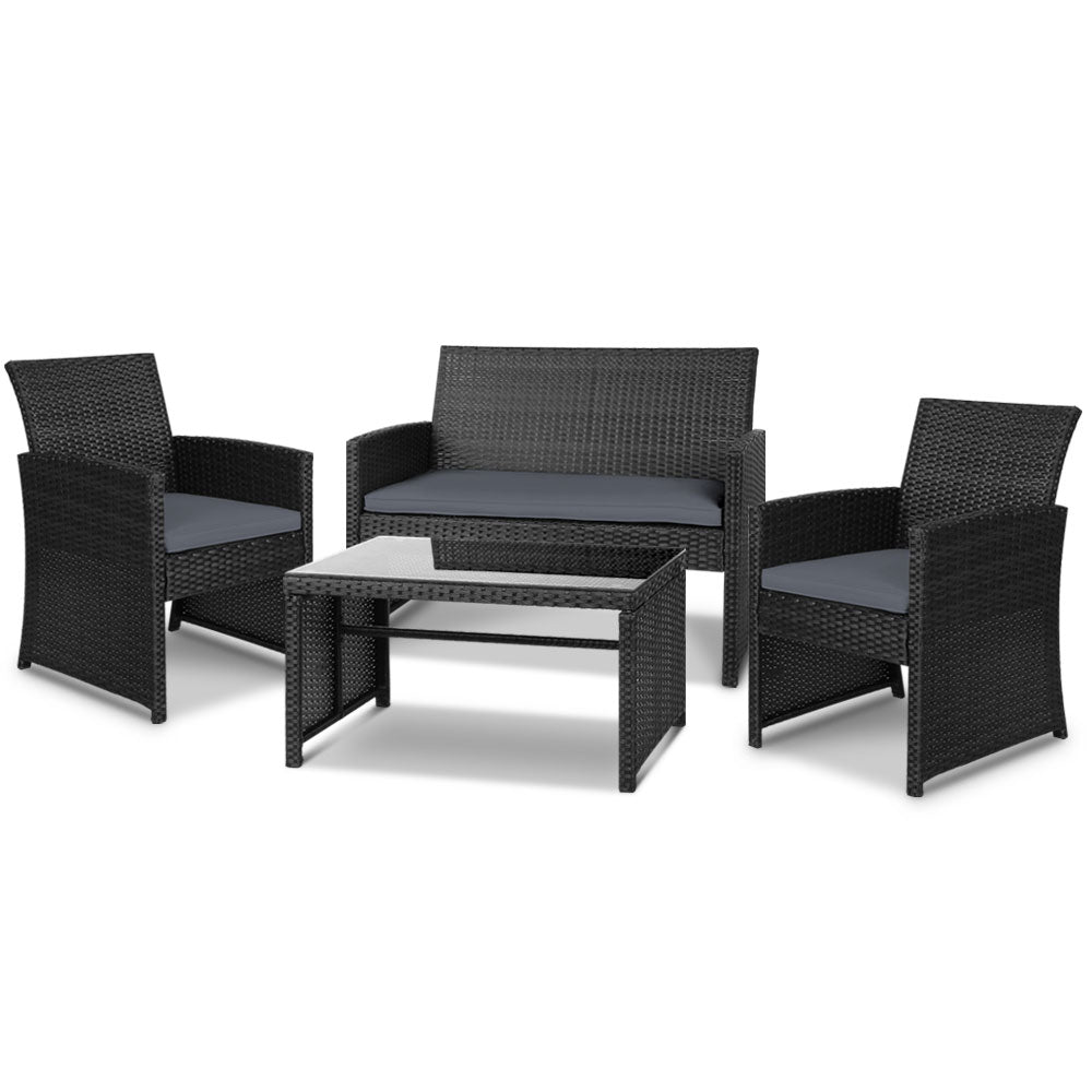 Gardeon 4 PCS Outdoor Sofa Set Rattan Chair Table Setting Garden Furniture Black - STripleB