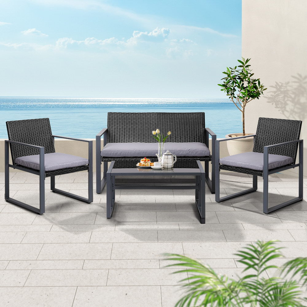 Gardeon 4 PCS Outdoor Sofa Set Rattan Furniture Glass Top Table Chairs Black - STripleB