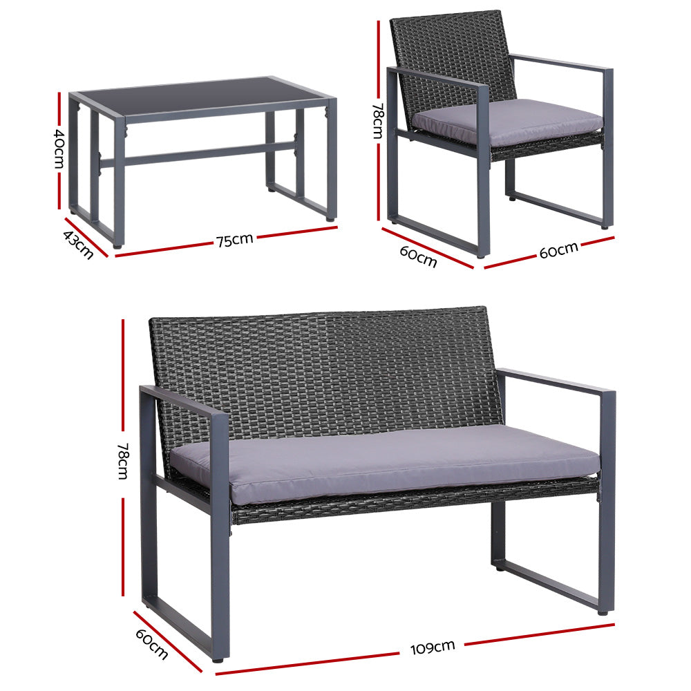 Gardeon 4 PCS Outdoor Sofa Set Rattan Furniture Glass Top Table Chairs Black - STripleB