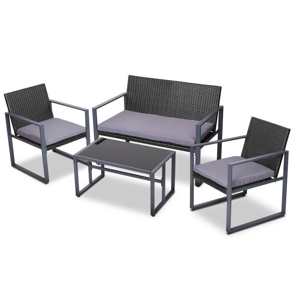 Gardeon 4 PCS Outdoor Sofa Set Rattan Furniture Glass Top Table Chairs Black - STripleB
