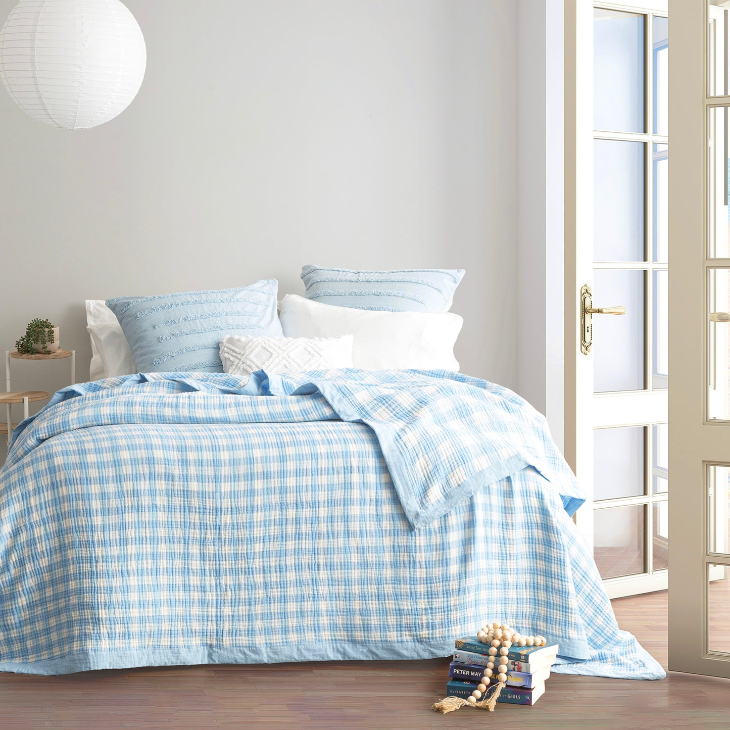 Gingham Washed Cotton Yarn Dyed Reversible Textured French Blue Blanket - STripleB