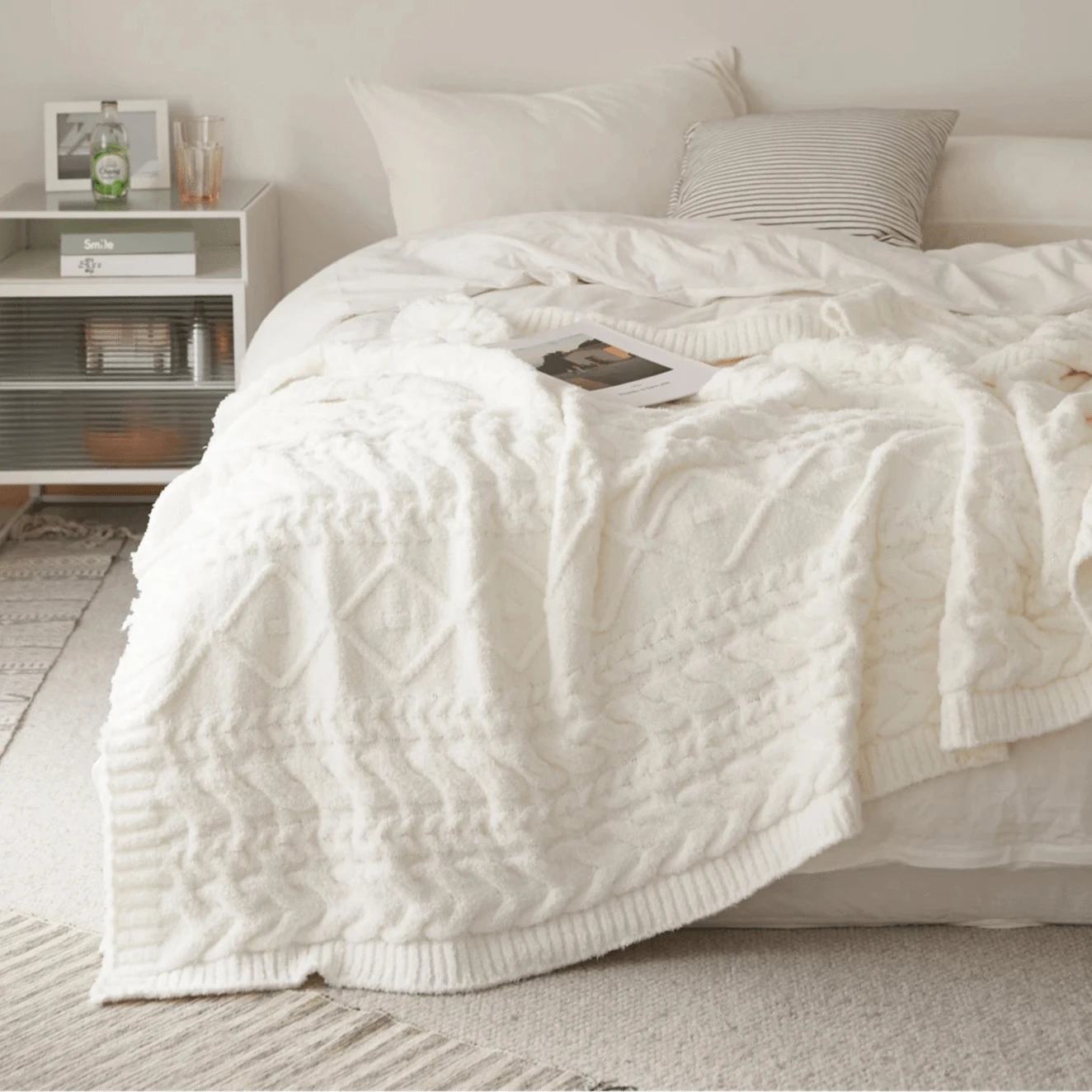White Microfiber Cozy Crochet Blanket Throw - STripleB