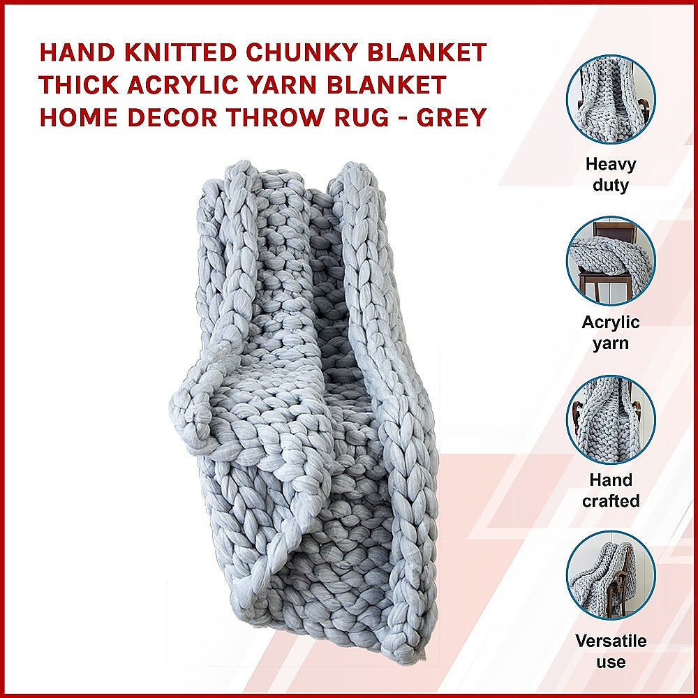 Hand Knitted Chunky Acrylic Yarn Blanket - Grey - StripleB