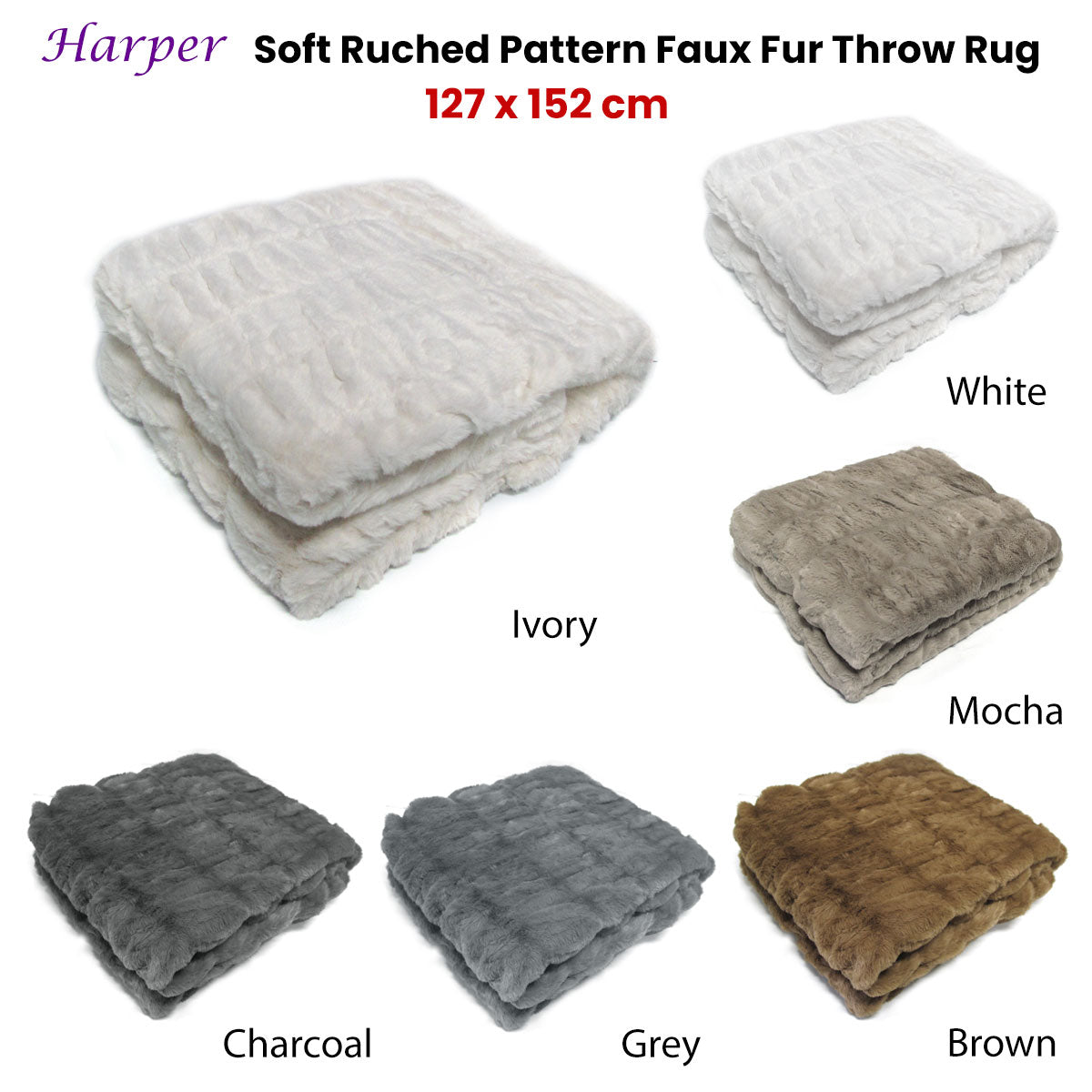 Harper Soft Ruched Pattern Faux Fur Throw Rug 127 x 152 cm - Brown - STripleB