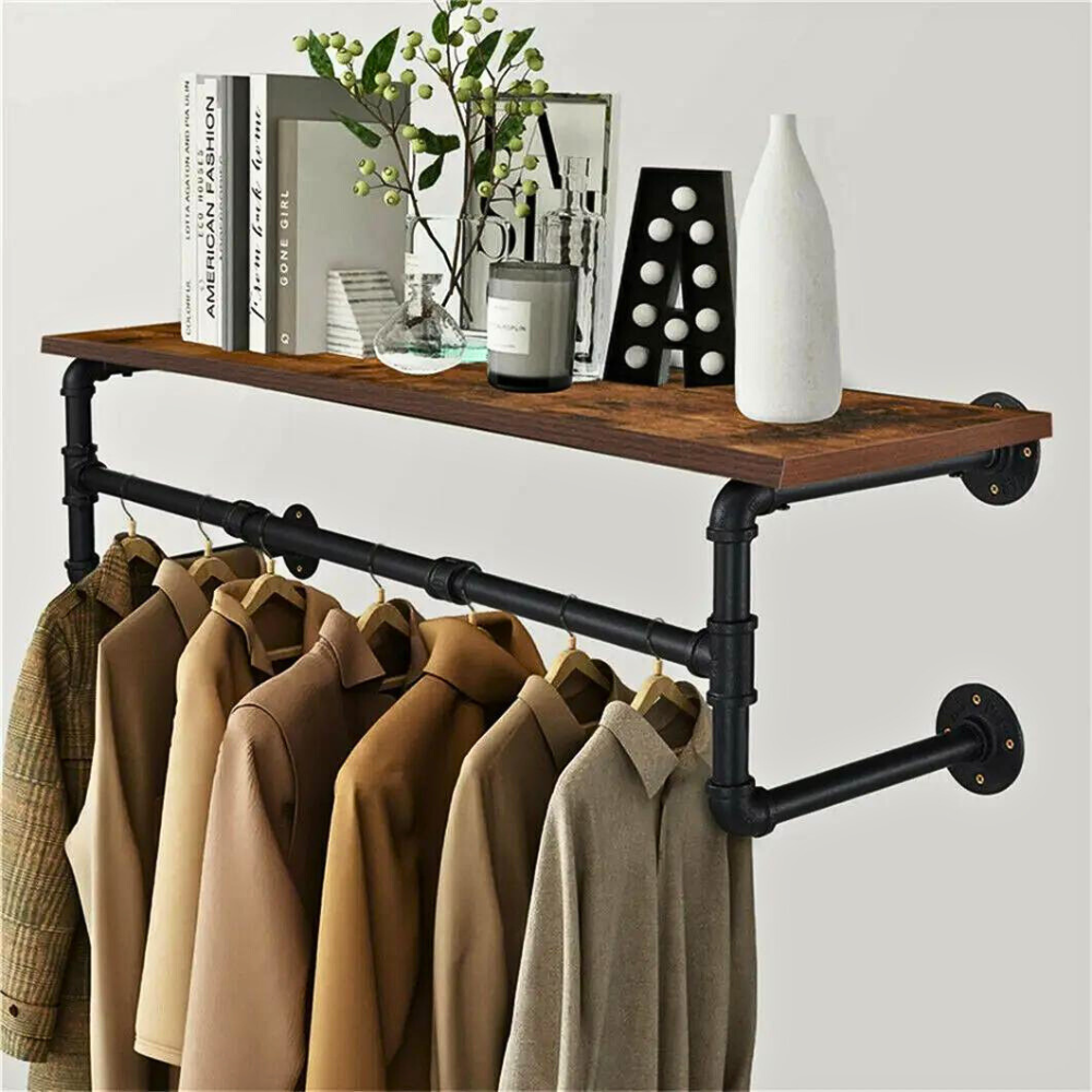 Industrial Pipe Clothes Rack with Top Shelf Coat Hanger - STripleB