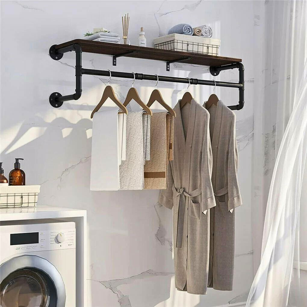 Industrial Pipe Clothes Rack with Top Shelf Coat Hanger - STripleB
