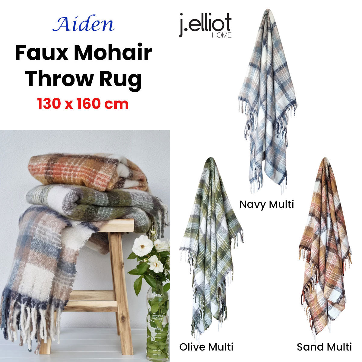 J Elliot Home Aiden Olive Multi Faux Mohair Throw Rug with Fringe 130 x 160cm - STripleB