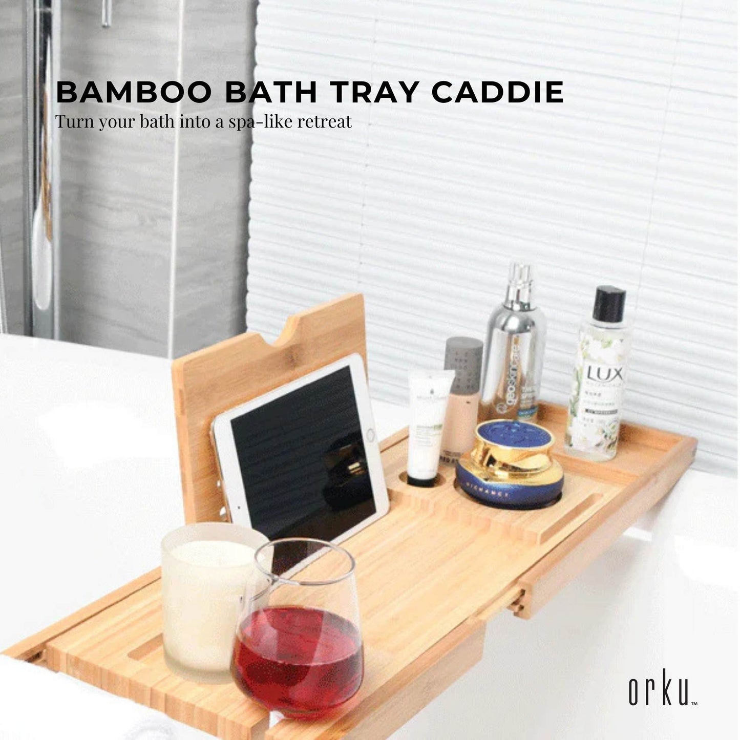 Luxury Adjustable Bamboo Bath Tray Caddy - Spa Book Wine & Accessories Holder - STripleB