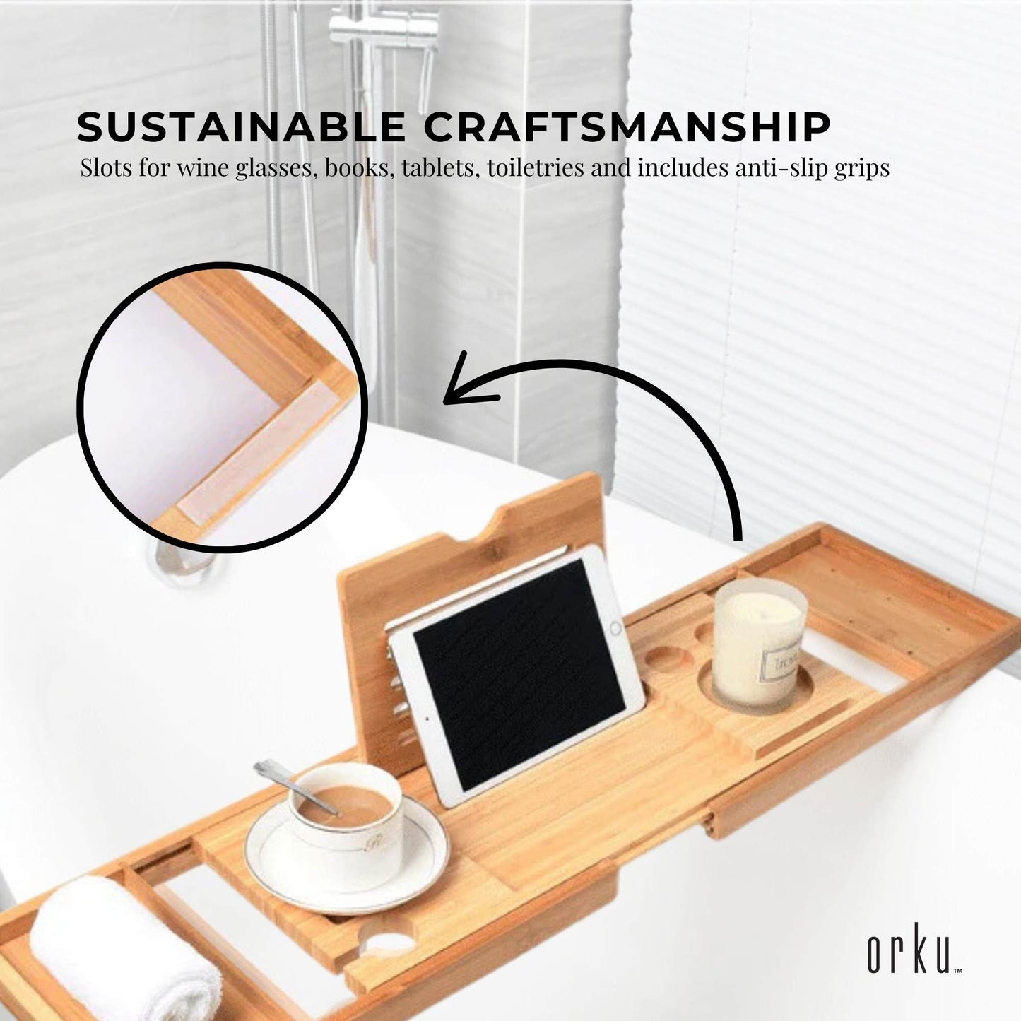 Luxury Adjustable Bamboo Bath Tray Caddy - Spa Book Wine & Accessories Holder - STripleB