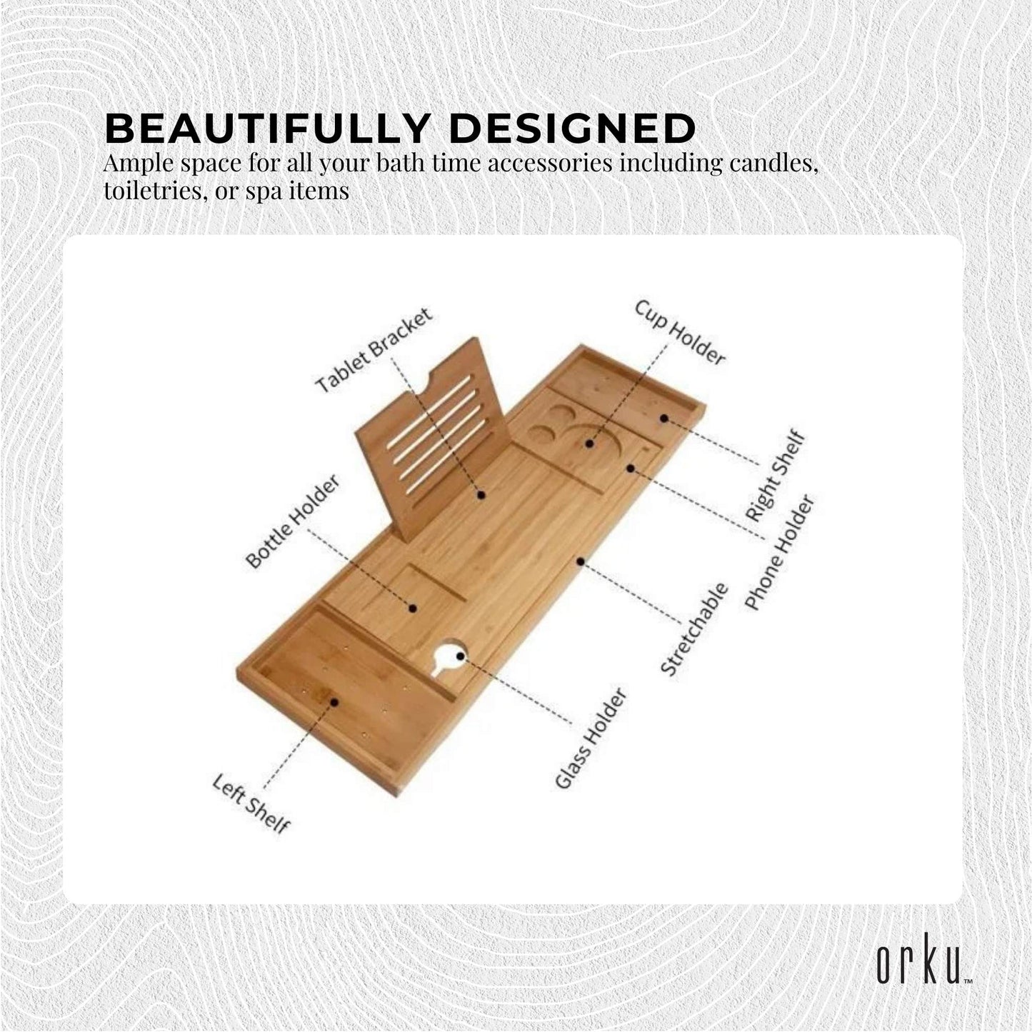 Luxury Adjustable Bamboo Bath Tray Caddy - Spa Book Wine & Accessories Holder - STripleB