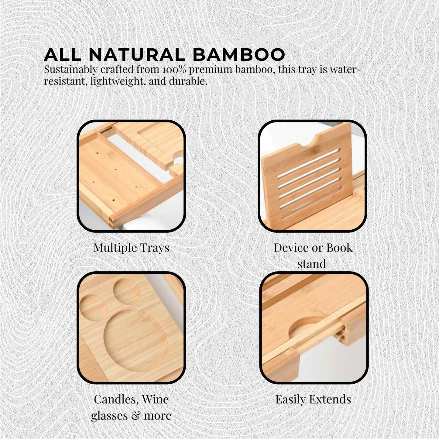 Luxury Adjustable Bamboo Bath Tray Caddy - Spa Book Wine & Accessories Holder - STripleB