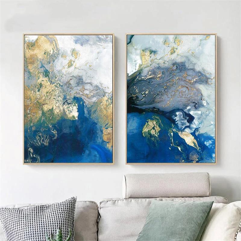 Marbled Blue and Gold - 2 Sets Gold Frame Canvas - 70cmx100cm - STripleB