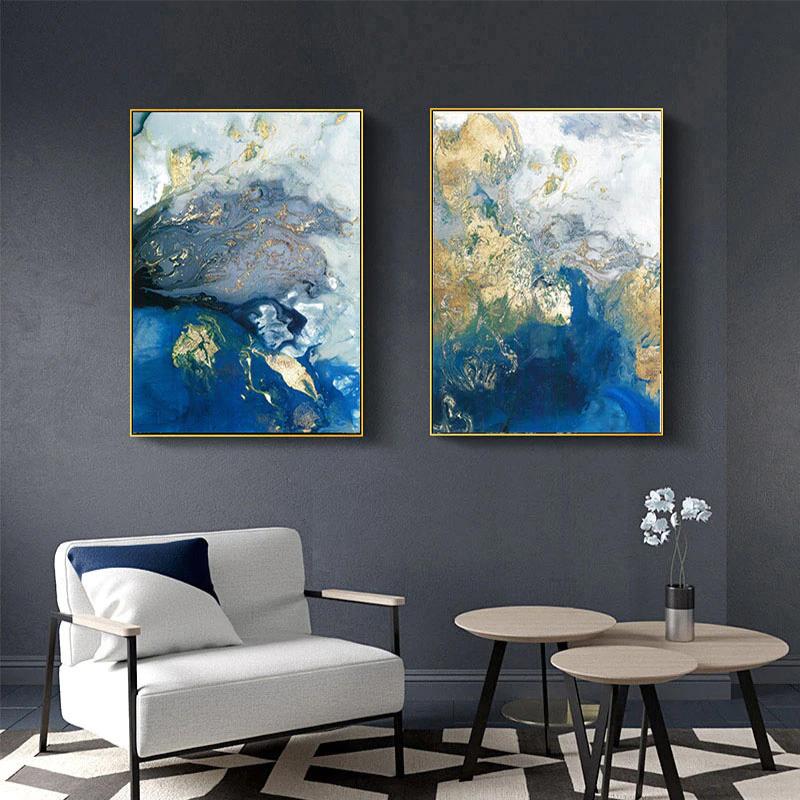 Marbled Blue and Gold - 2 Sets Gold Frame Canvas - 70cmx100cm - STripleB