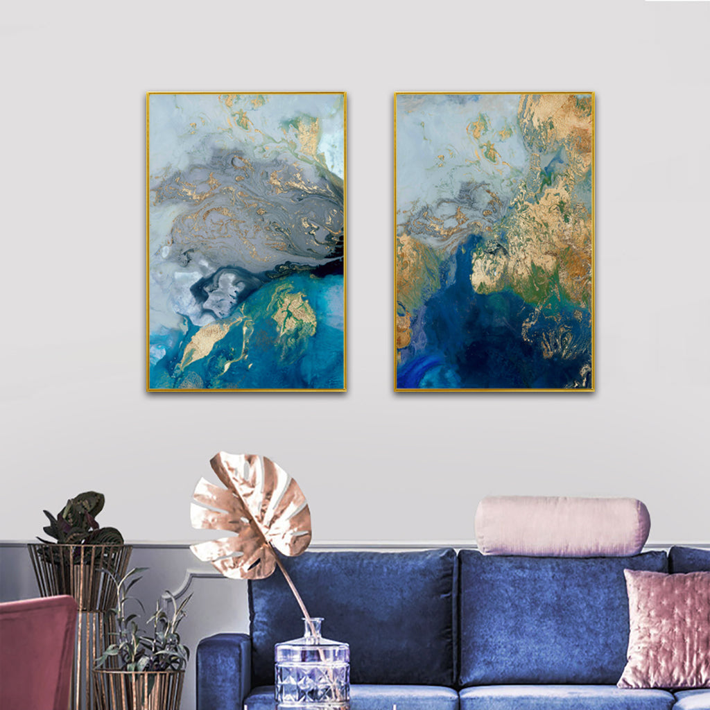 Marbled Blue and Gold - 2 Sets Gold Frame Canvas - 70cmx100cm - STripleB