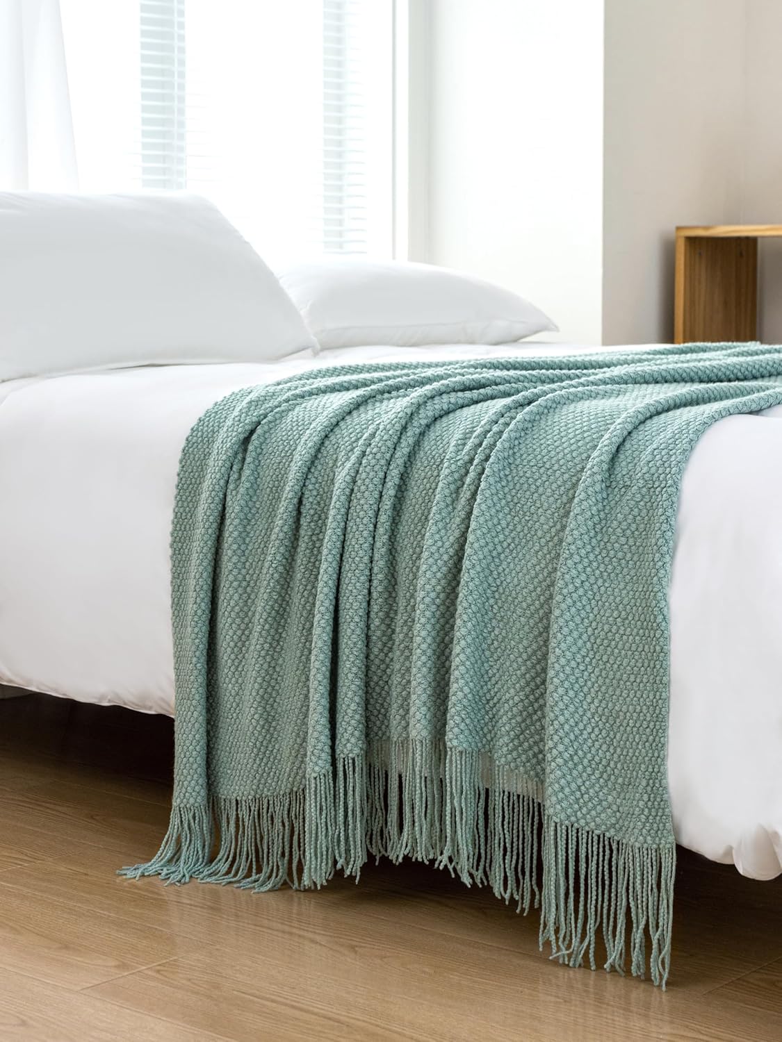 Micro Plush Knitted Woven Throw Blanket - Seafoam - STripleB