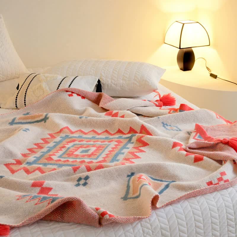 Orange Bohemian Geometric Tassel Throw Blanket - Soft Cotton Blend for Bedroom, Living Room, and Sofa 150x200cm - STripleB