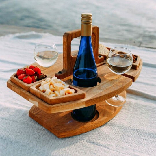 Portable Wooden Picnic Table - Wine Glass & Snack Holder - STripleB