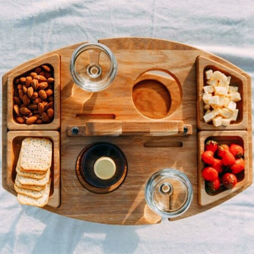 Portable Wooden Picnic Table - Wine Glass & Snack Holder - STripleB