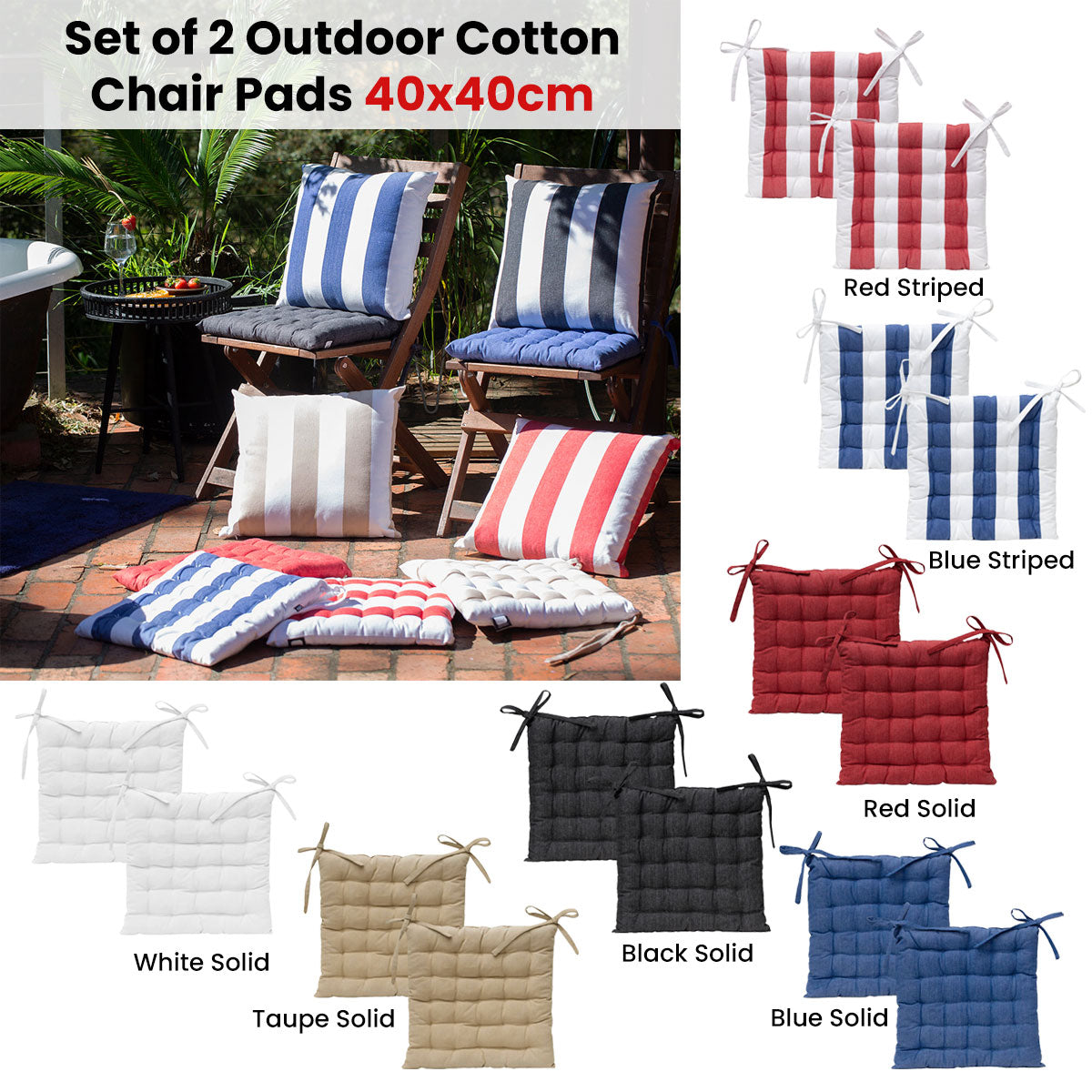 Set of 2 Outdoor - 100% Cotton Chair Pads - 40 x 40 cm - STripleB