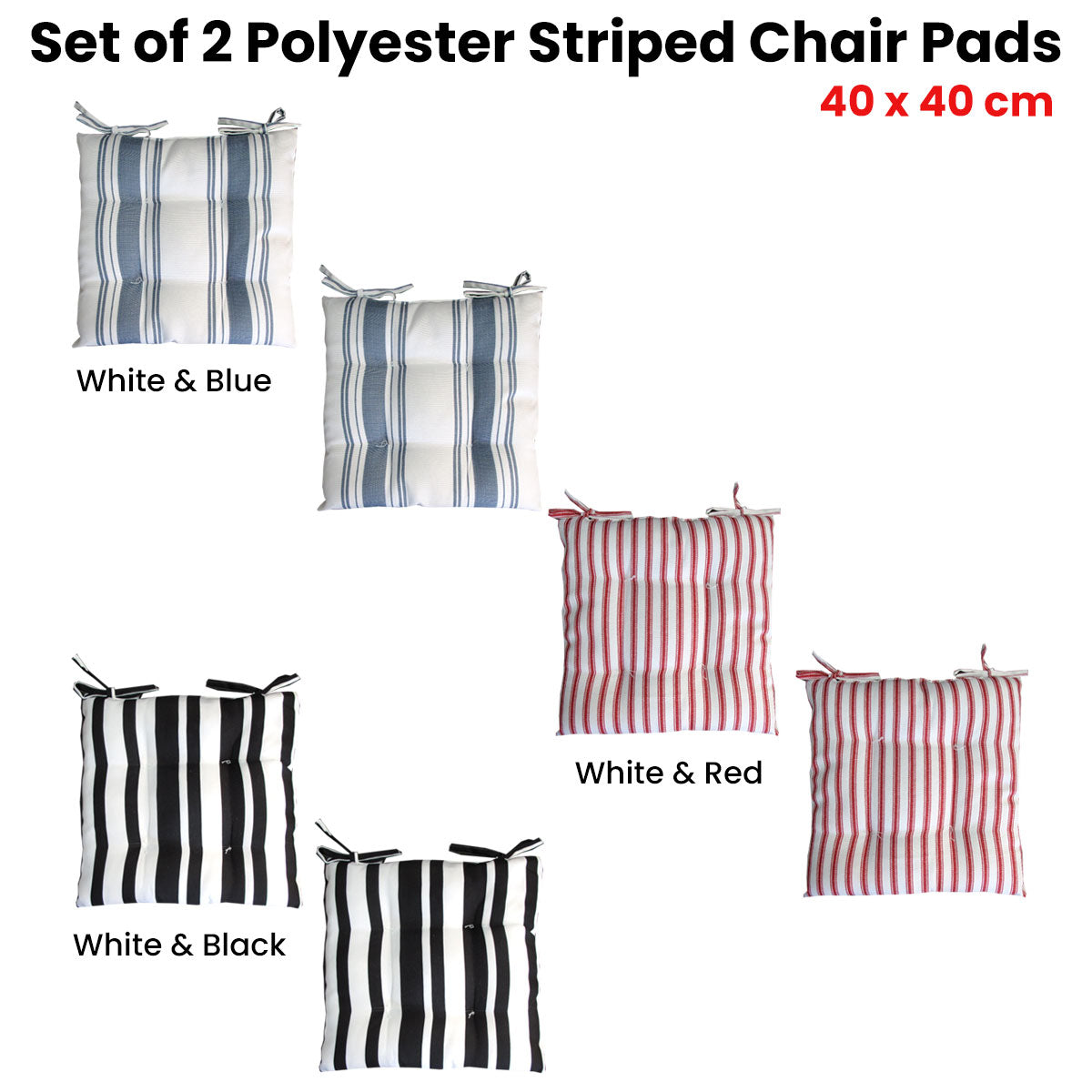 Set of 2 Outdoor Polyester Striped Chair Pads 40 x 40cm - White Red - STripleB