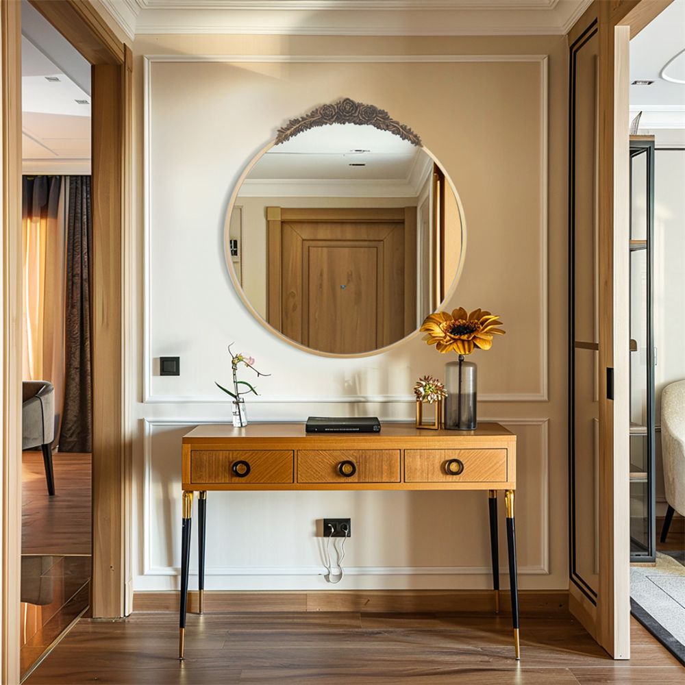 Stunning Baroque Brass Mirror Elegant Resin Rose Design - STripleB