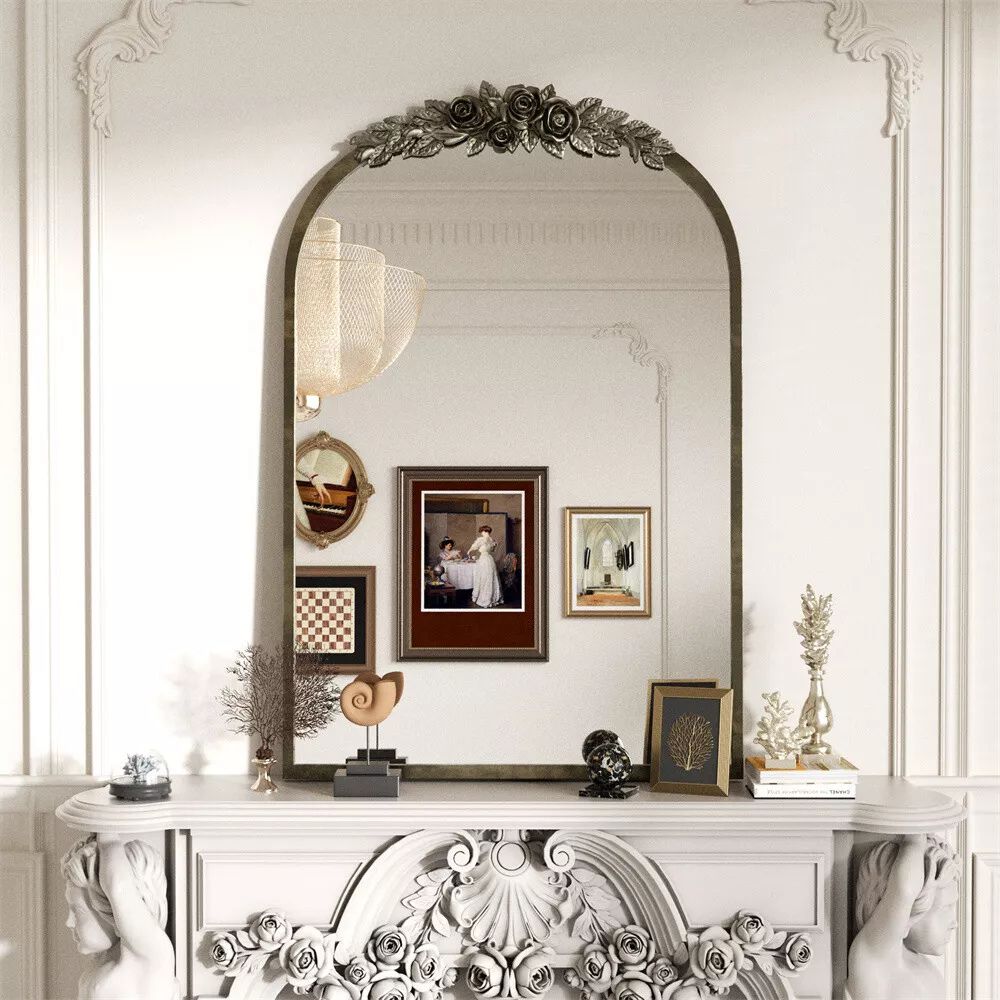 Stunning Baroque Brass Mirror Elegant Resin Rose Design - STripleB
