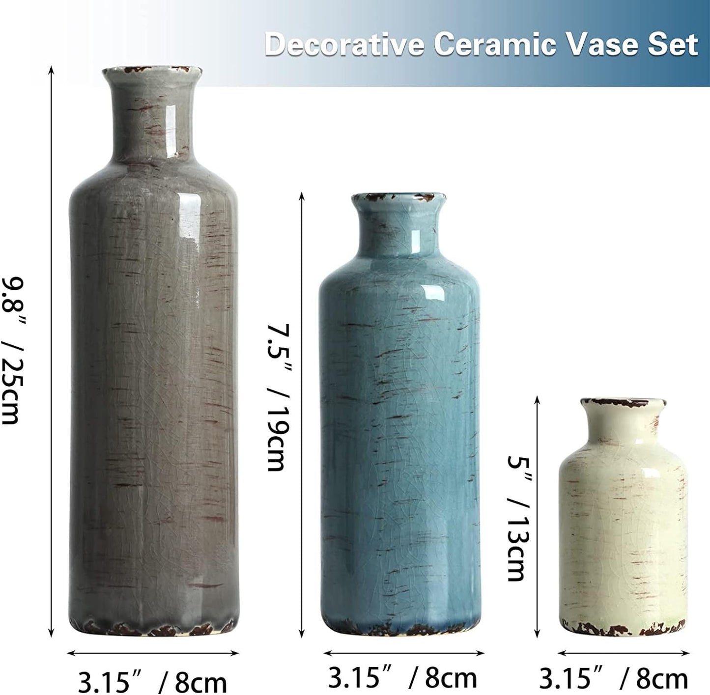 Set of 3 - Ceramic Vases Crackled Finish Blue Farmhouse - STripleB